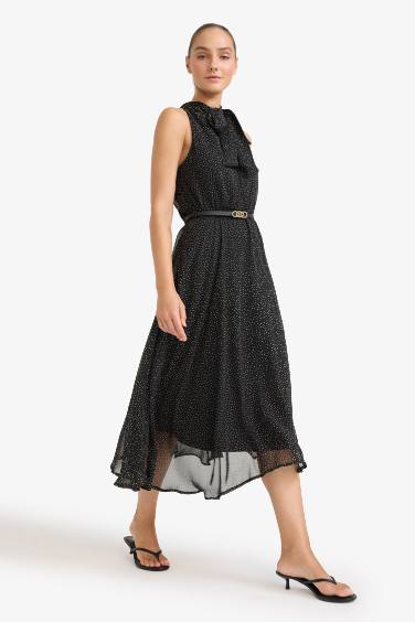 Polka Dot Tie Collar Belted Sleeveless Midi Dress