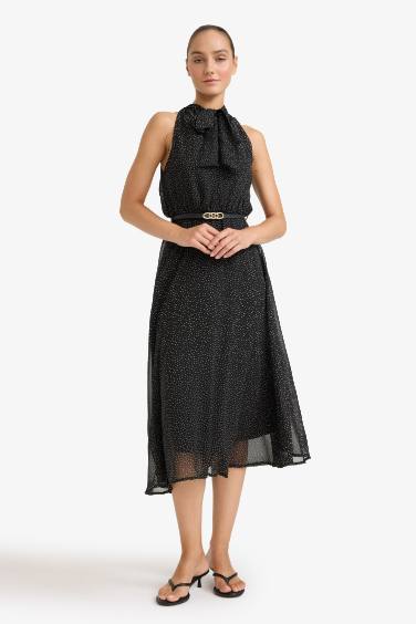 Polka Dot Tie Collar Belted Sleeveless Midi Dress