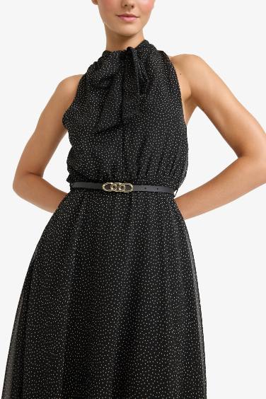 Polka Dot Tie Collar Belted Sleeveless Midi Dress