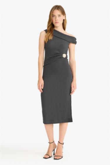 Regular Fit Crepe One Shoulder Midi Dress