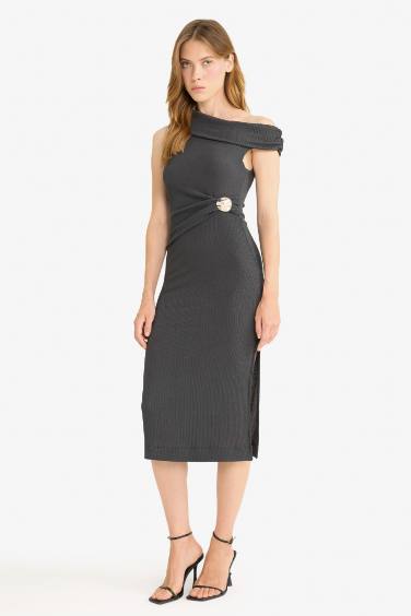 Regular Fit Crepe One Shoulder Midi Dress