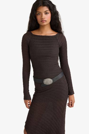 Kayık Yaka Bürümcük Uzun Kollu Maxi Elbise