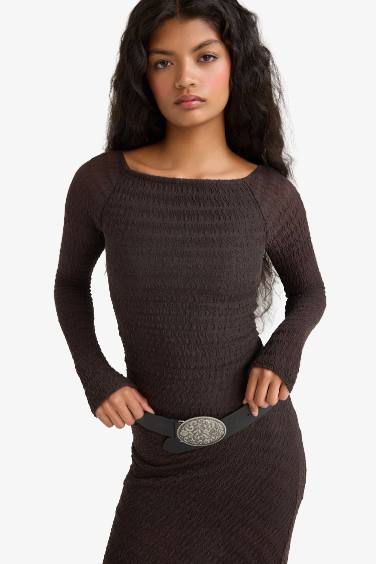 Kayık Yaka Bürümcük Uzun Kollu Maxi Elbise