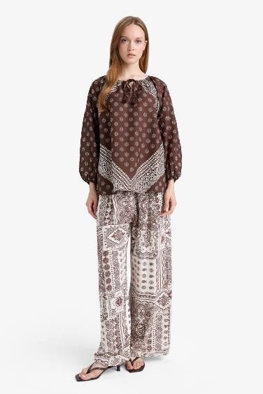 Wide Leg Cep Detaylı Geniş Paça Keten Karışımlı Desenli Pantolon