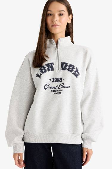 Overshirt Fit Yarım Fermuarlı Baskılı Kalın Kumaş Sweatshirt