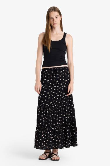 Floral Cotton Lined High Waist Maxi Skirt