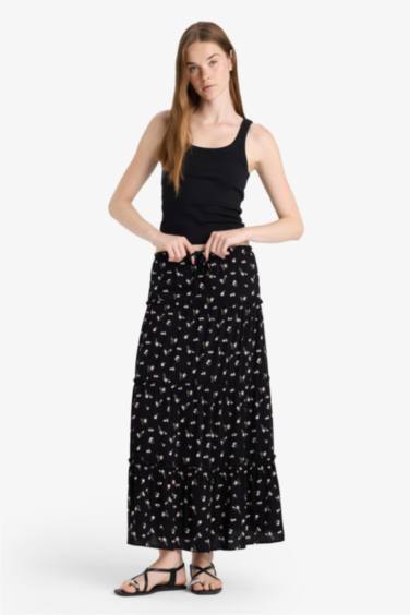 Floral Cotton Lined High Waist Maxi Skirt