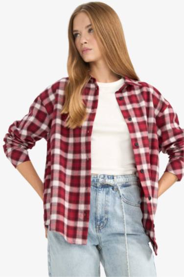 Oversize Geniş Kalıp Kareli Uzun Kollu Gömlek