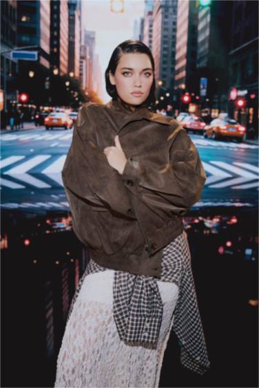 Afra x DeFacto Dad Fit Polo Yaka Fermuarlı Süet Ceket