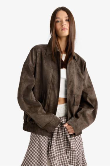 Afra x DeFacto Dad Fit Polo Yaka Fermuarlı Süet Ceket