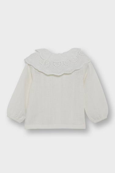 قميص بناتي كم طويل منقط قصة عادية بياقة كبيرة