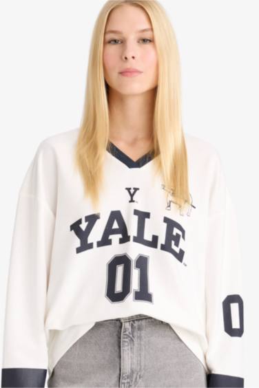 تيشيرت ردن طويل قصة عادية بياخة V من جامعة ييل