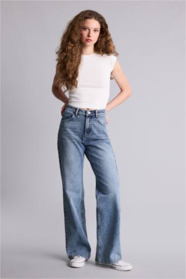 %100 Pamuk Straıght Wıde Yüksek Bel Jean Pantolon