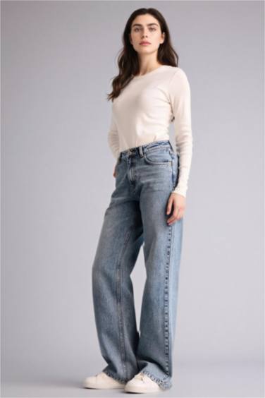 Straıght Wıde Yüksek Bel Geniş Paça Uzun Jean Pantolon