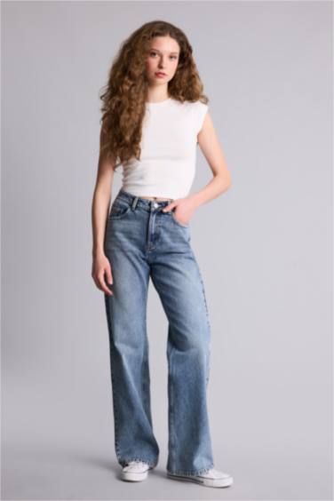 %100 Pamuk Straıght Wıde Yüksek Bel Jean Pantolon - Görsel 2