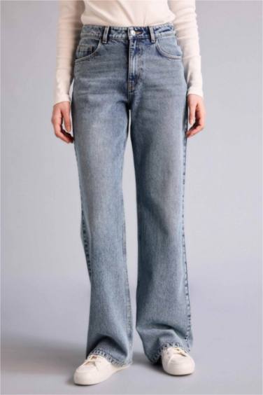 Straıght Wıde Yüksek Bel Geniş Paça Uzun Jean Pantolon