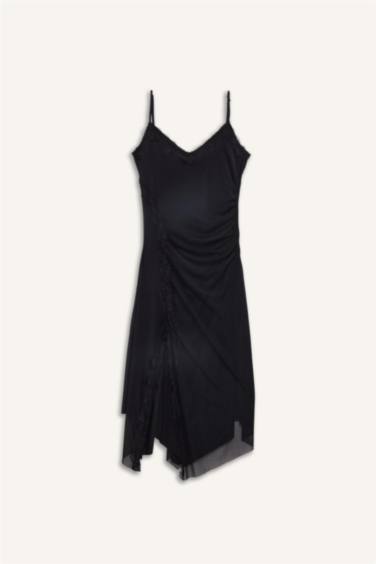 Afra x DeFacto Coool Asimetrik V Yaka Tül Askılı Midi Elbise