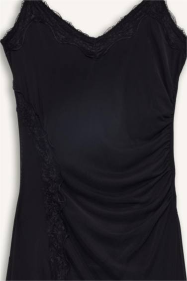 Afra x DeFacto Coool Asimetrik V Yaka Tül Askılı Midi Elbise