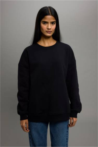 Oversize Geniş Kalıp Bisiklet Yaka Basic Düz Kalın Sweatshirt