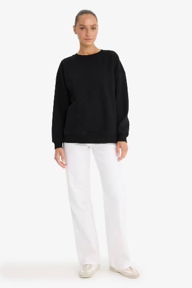 Oversize Geniş Kalıp Bisiklet Yaka Basic Düz Kalın Sweatshirt