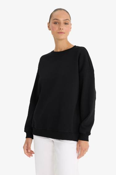 Oversize Geniş Kalıp Bisiklet Yaka Basic Düz Kalın Sweatshirt