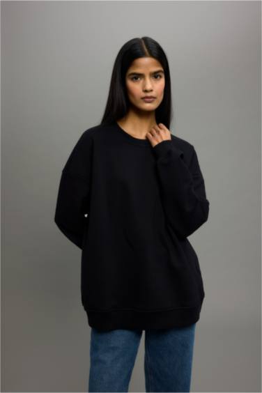 Oversize Geniş Kalıp Bisiklet Yaka Basic Düz Kalın Sweatshirt