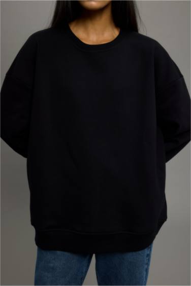 Oversize Geniş Kalıp Bisiklet Yaka Basic Düz Kalın Sweatshirt