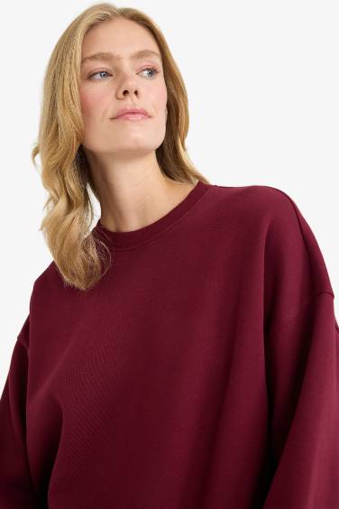 Oversize Geniş Kalıp Bisiklet Yaka Basic Düz Kalın Sweatshirt