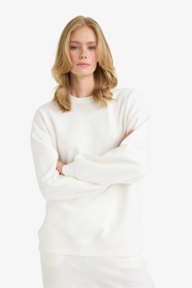 Oversize Geniş Kalıp Bisiklet Yaka Basic Düz Kalın Sweatshirt