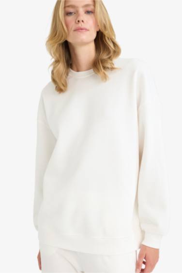 Oversize Geniş Kalıp Bisiklet Yaka Basic Düz Kalın Sweatshirt