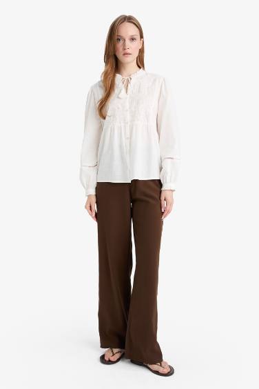 Relax Fit Bağlamalı Flamlı Pamuk Uzun Kollu Gömlek