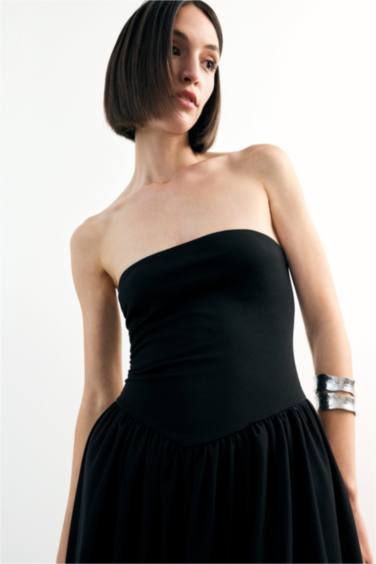 Dokuma Straplez Midi Elbise