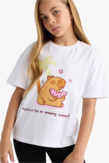 تيشيرت بناتي نص ردن اوفر سايز بياقة مستديرة