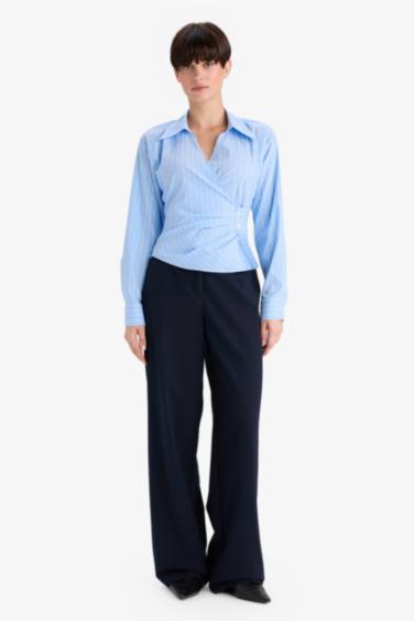 Regular Fit V Yaka Çizgili Bengalin Uzun Kollu Gömlek