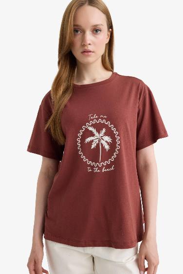 Regular Fit Crew Neck Palm Tree Pattern T-Shirt