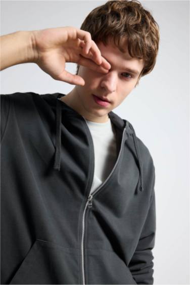 RELAX FIT %100 Pamuk Fermuarlı Sweatshirt - Görsel 4