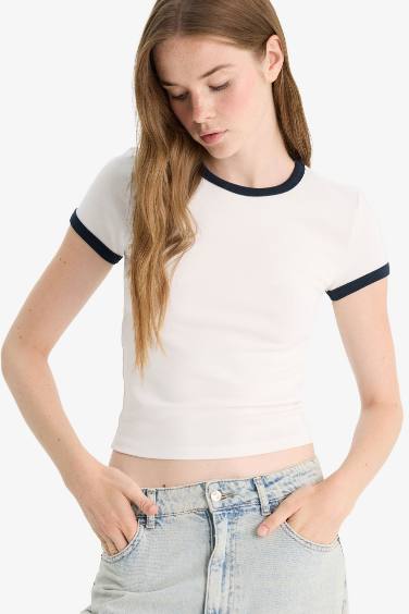 Fitted Crew Neck Ribbed Short Sleeve T-Shirt