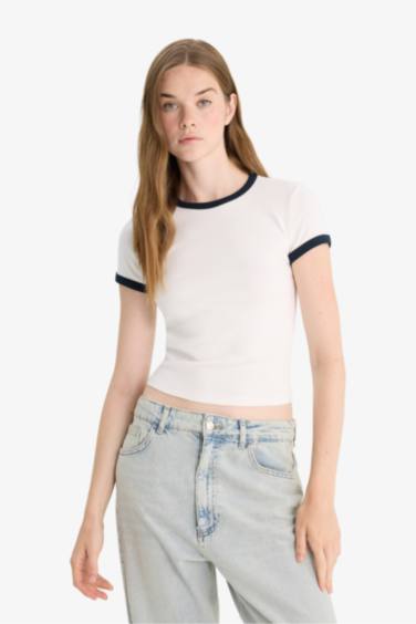 Fitted Crew Neck Ribbed Short Sleeve T-Shirt