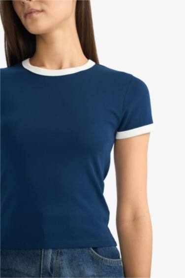 Fitted Bisiklet Yaka Ribana Kısa Kollu Tişört