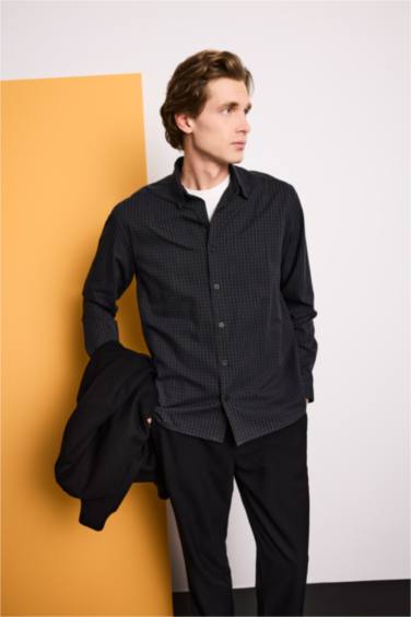 Regular Fit Polo Yaka Baskılı Uzun Kollu Gömlek