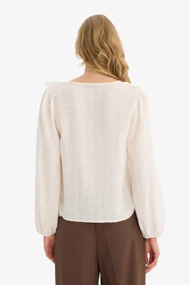 Regular Fit V-Neck Flounce Cotton Blouse