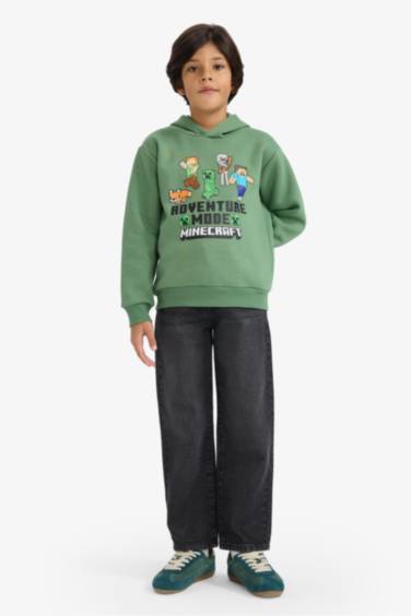 Erkek Çocuk Minecraft Kapüşonlu İçi Yumuşak Tüylü Sweatshirt