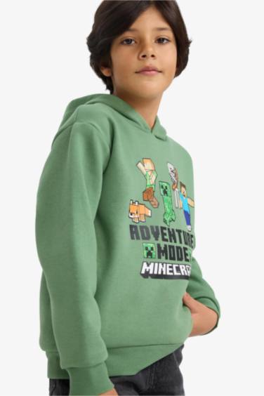 Erkek Çocuk Minecraft Kapüşonlu İçi Yumuşak Tüylü Sweatshirt