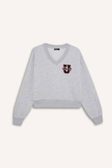 Coool Loose Fit V Yaka Nakışlı Sweatshirt