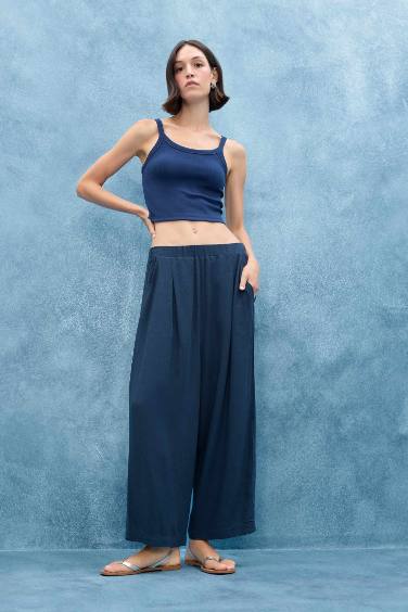 Balloon Fit Regular Waist Cropped Linen Blend Trousers