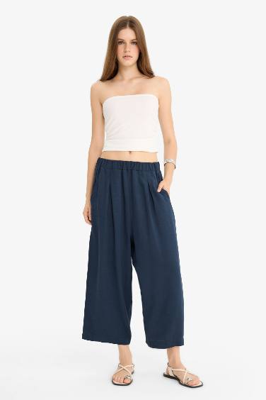 Balloon Fit Regular Waist Cropped Linen Blend Trousers