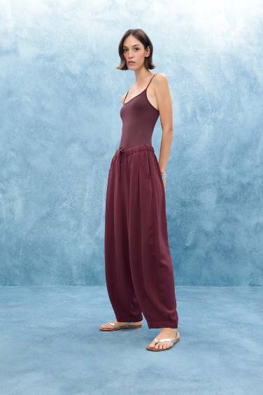 Balloon Fit Çift Cepli Normal Bel Standart Boy Keten Karışımlı Pantolon