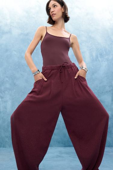 Balloon Fit Çift Cepli Normal Bel Standart Boy Keten Karışımlı Pantolon