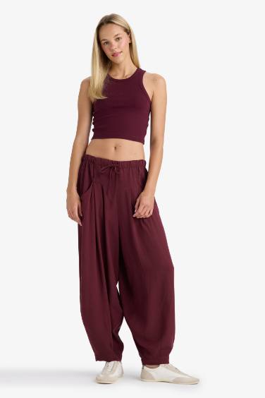 Balloon Fit Çift Cepli Normal Bel Standart Boy Keten Karışımlı Pantolon