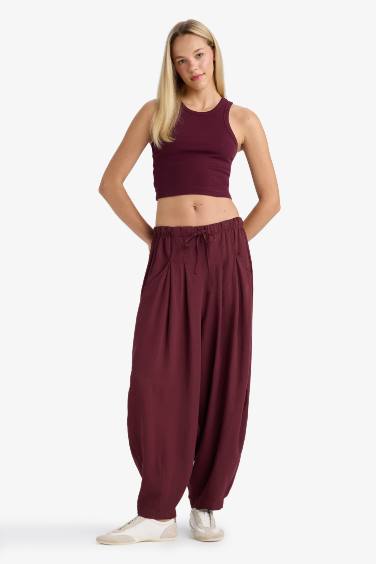 Balloon Fit Çift Cepli Normal Bel Standart Boy Keten Karışımlı Pantolon